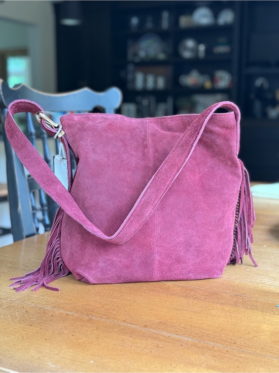 Handbags - Suede Fringe Shoulder Bag in Deep Pink